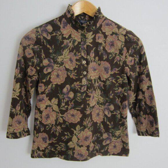 Chaps Womens PS Petite S Brown Floral 3/4 Sleeve Cotton Knit Henley Ruffle Top - Picture 1 of 9